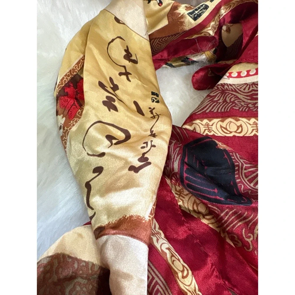 Vintage Asian-Inspired Silk Scarf With‎ Traditional Artwork & Calligraphy